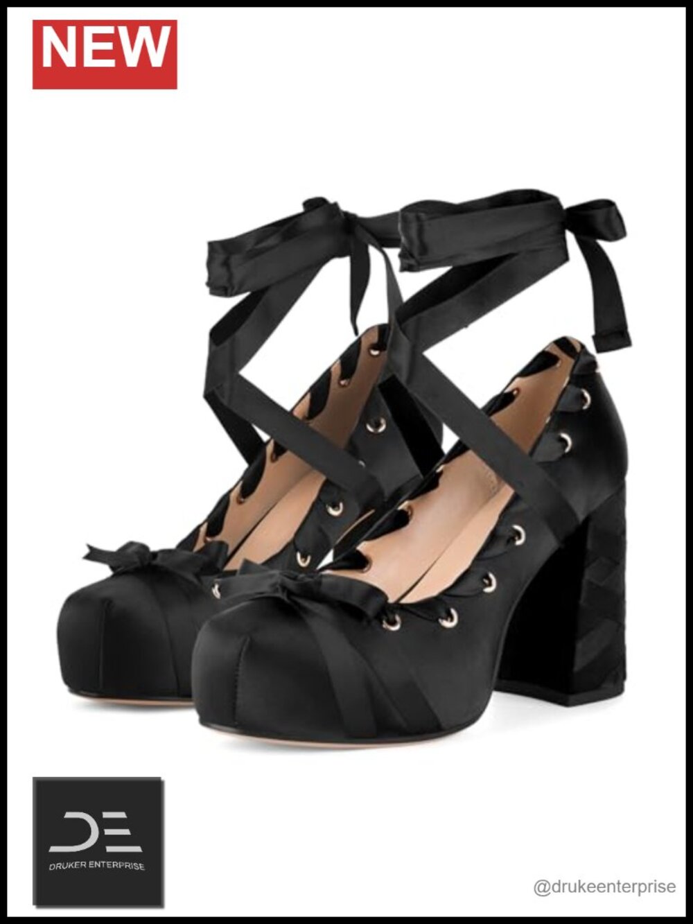 Platform Chunky Bow Ribbon Lace Up Ballerina High Heels Pumps